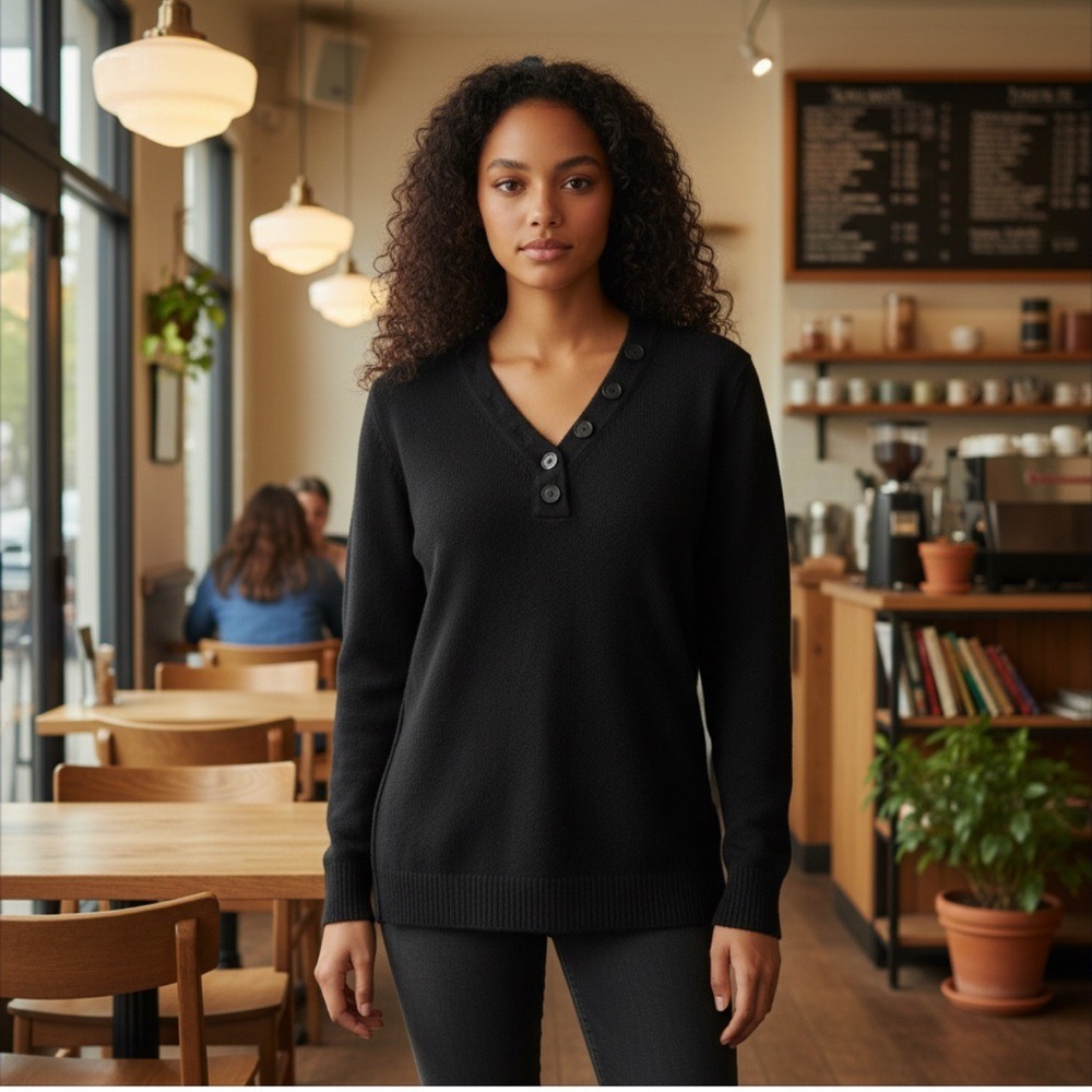 Anthropologie Serena V-Neck Tunic Button-up Long‎ Sleeve Sweater, Black, Size S